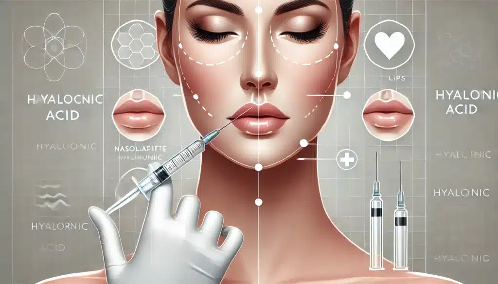 Imagen que muestra un tratamiento de relleno facial con inyecciones de ácido hialurónico en áreas como los pliegues nasolabiales, las líneas de marioneta, los labios, el mentón y las ojeras, destacando el proceso de tratamiento y sus efectos rejuvenecedores.