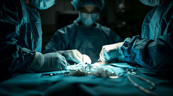 Equipo de cirujanos realizando una cirugía estética de pecho en un entorno estéril, mostrando atención al detalle y profesionalismo